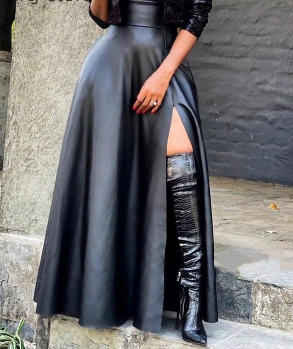 Real Queen Faux Leather High Slit Pocket Skirt